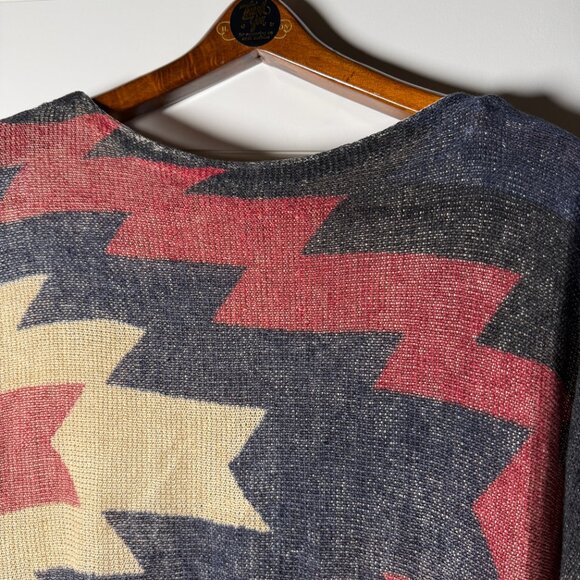 LRL Lauren Jeans Co 100% Linen Southwestern Aztec Sweater Red, Tan, Gray Sz Med - Picture 5 of 5